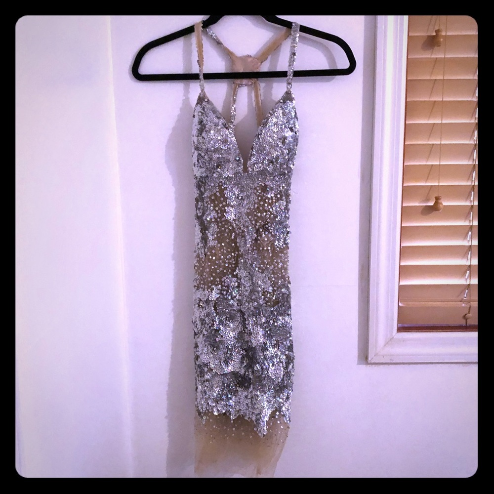 Jovanni Short sequin see-through Dress